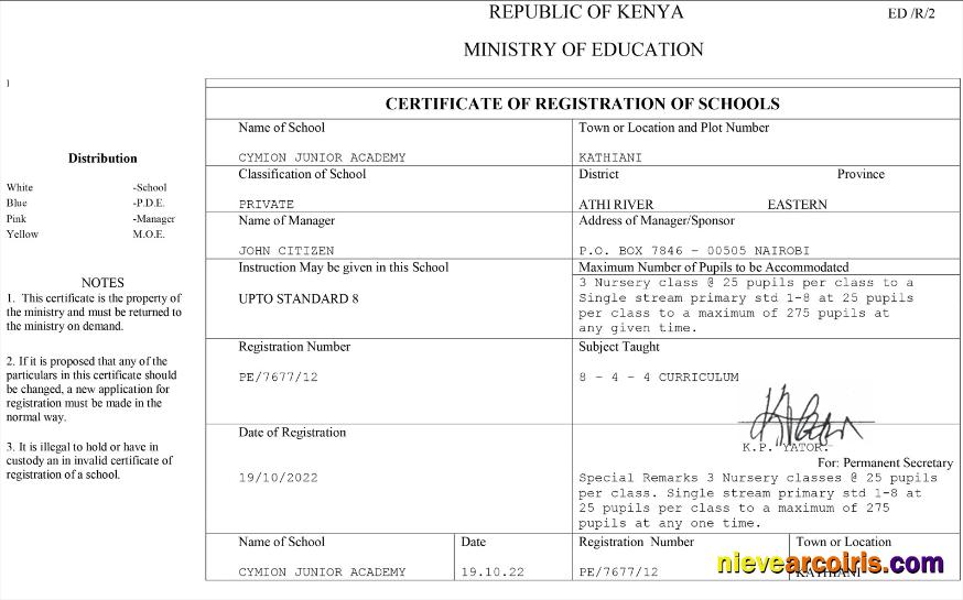 Kenya certificate of registration of schools